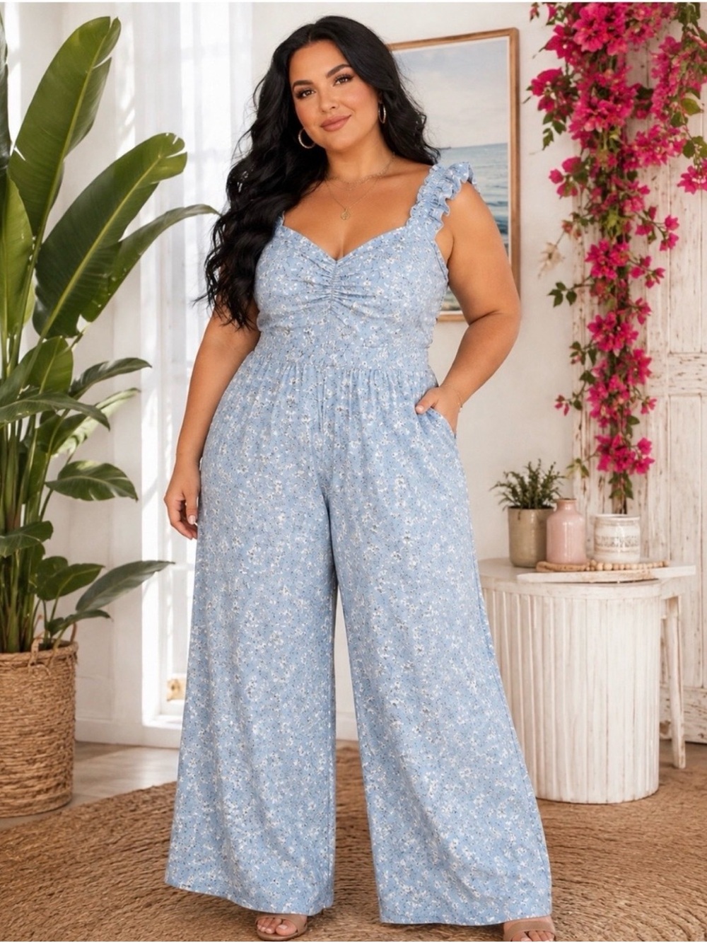 Torrid Ruffle Strap Jumpsuit Light Blue Floral Women's size 1X